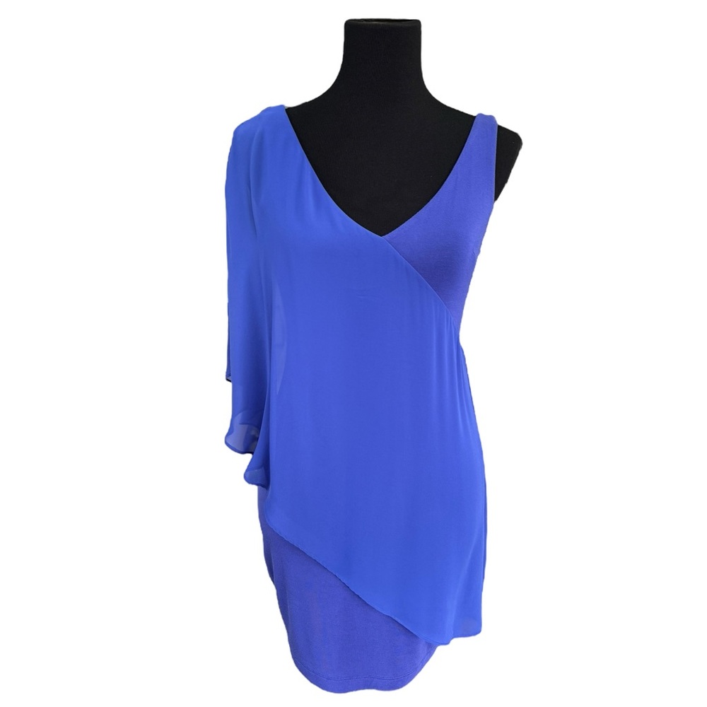 Elegant bebe Asymmetrical Sheer Chiffon Shoulder Royal Blue Dress Sz S